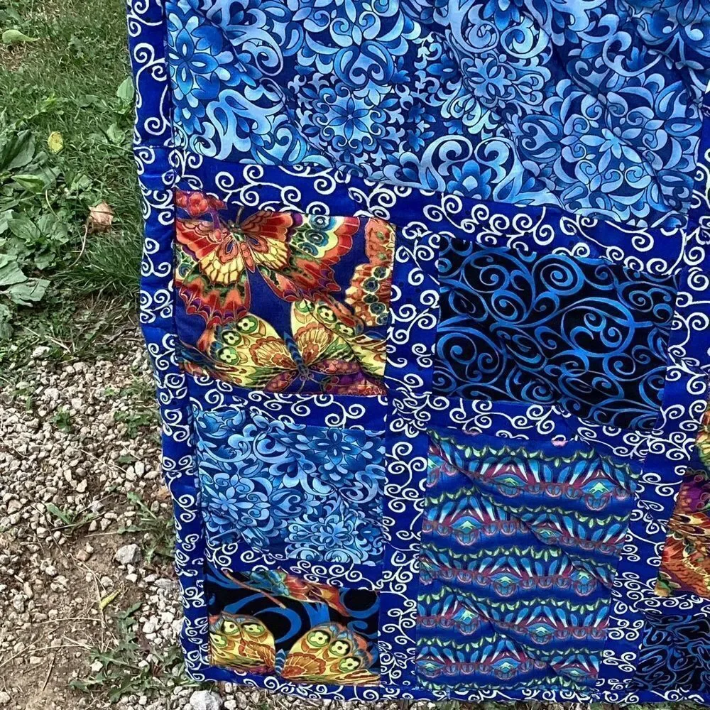 NWT. Hand Crafted Blue Butterflies Lap Quilt